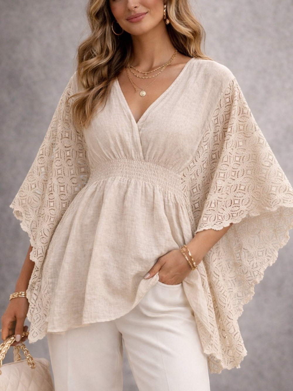 Italian Linen Lace Batwing Top Neutral Boho Luxury Made Italy M Quiet Luxury